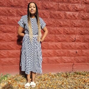 CGII 1980s to 1990s Navy and White Stripped Dress